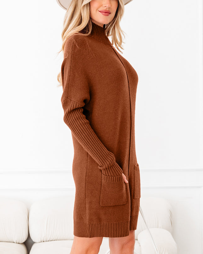 Chestnut Ribbed High Neck Front Pockets Center Seam Shift Sweater Dress