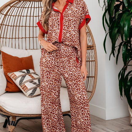 Brown Contrast Trim Leopard Top and Pant Set