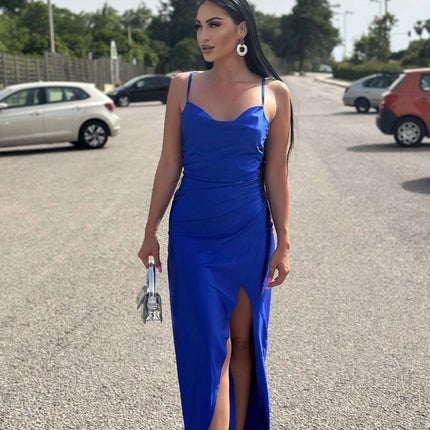 Blue Satin Long Dress with Leg Slit – Diane