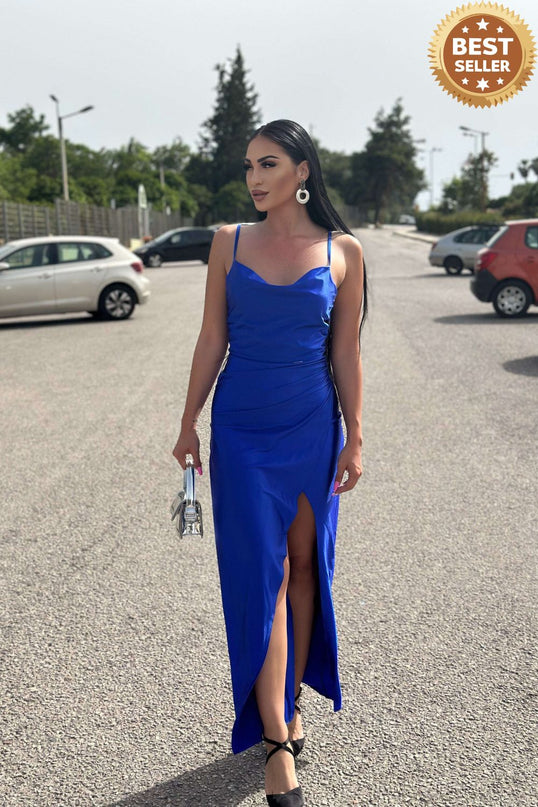 483-3 DIANE satin long dress with a leg slit - blue