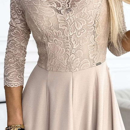 Beige Lace Long Dress with Neckline and Leg Slit – Amber