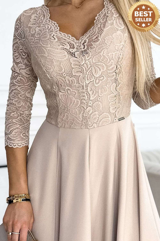 309-10 AMBER lace, elegant long dress with a neckline and leg slit - beige