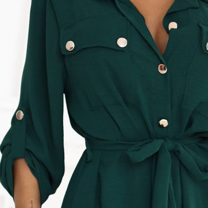 Green Midi Shirt Dress with Gold Buttons and Tie Detail
