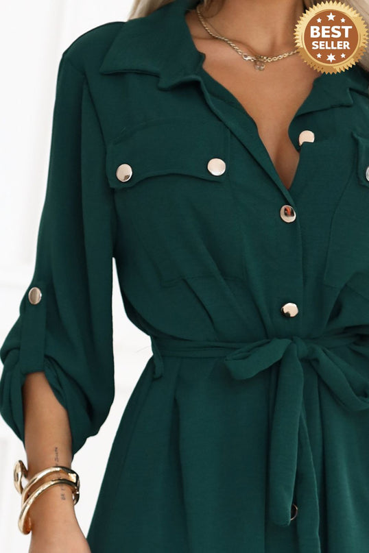 Green Midi Shirt Dress with Gold Buttons and Tie Detail