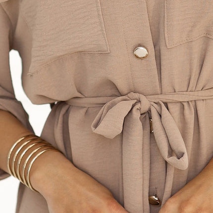 Mocha Mousse Midi Shirt Dress with Gold Buttons and Ties
