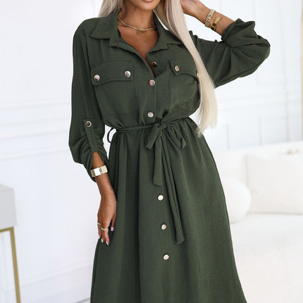 Khaki Midi Shirt Dress with Gold Buttons and Tie