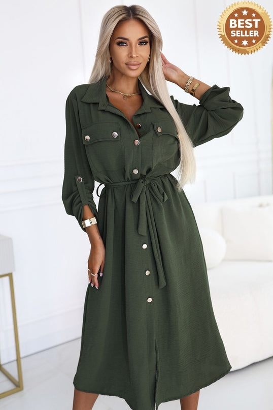 Khaki Midi Shirt Dress with Gold Buttons and Tie