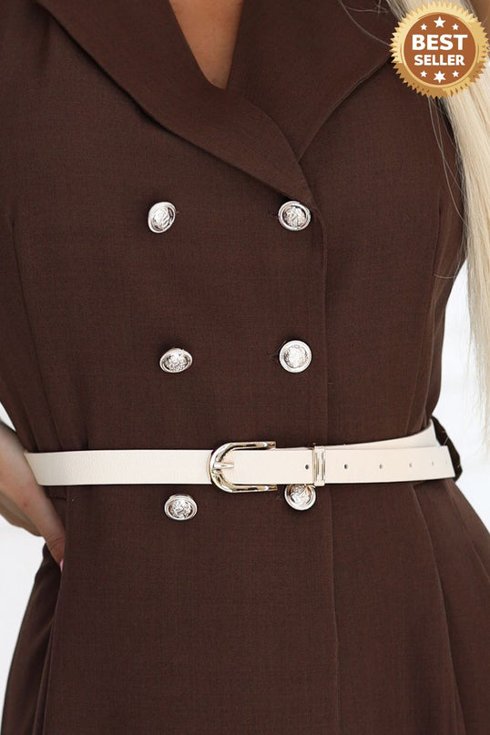 596-4 Elegant midi shirt dress with gold buttons and belt - chocolate