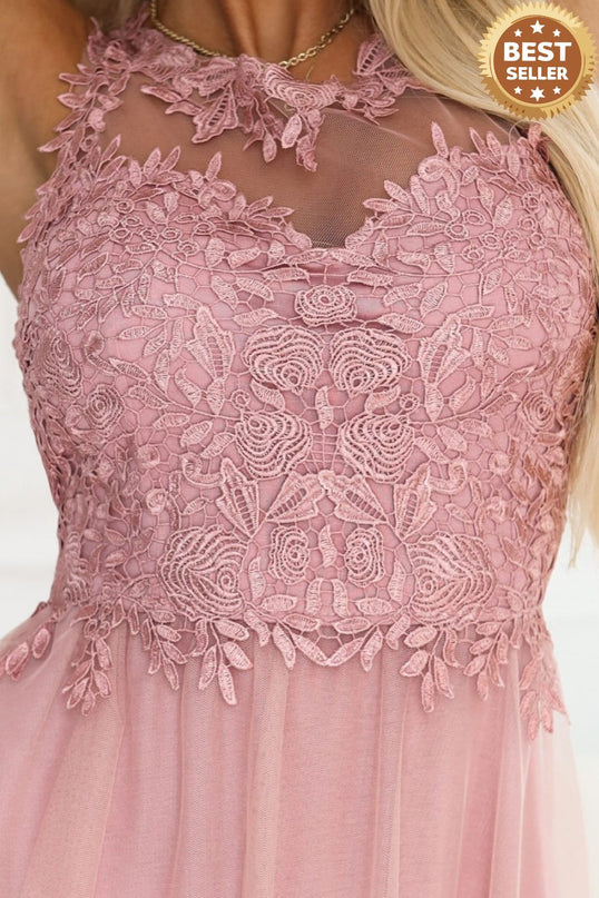 672-2 Romantic maxi wedding dress with embroidered lace and tulle - powder pink