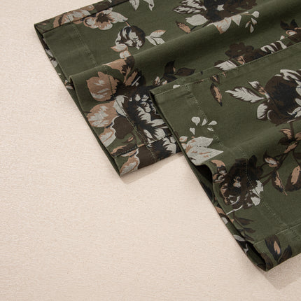 Green Vintage Floral Print Square Patch Pocket Raw Hem Shift Jeans