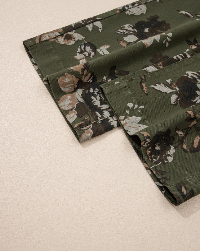 Green Vintage Floral Print Square Patch Pocket Raw Hem Shift Jeans