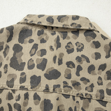 Khaki Retro Leopard Print Seam Detail Button Down Denim Jacket