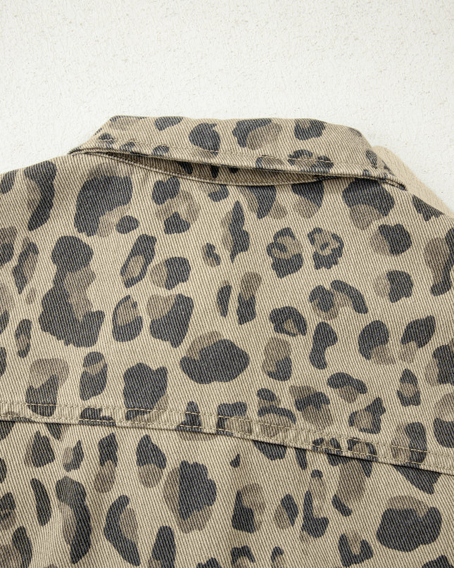 Khaki Retro Leopard Print Seam Detail Button Down Denim Jacket