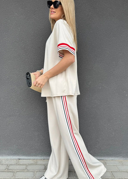 Jet Stream Contrast Striped Trim Crewneck T Shirt Loose Straight Pants Set
