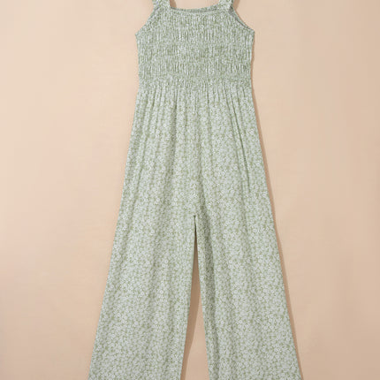 Green Smocked Bodice Square Neck Sleeveless Floral Jumpsuit