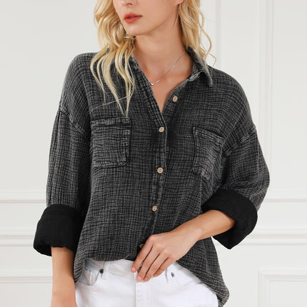 Black Crinkle Textured Chest Pockets Shirt