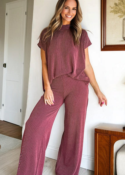 Dark Grey Twisted Ribbed High Neck Loose Tee Elastic High Waist Loose Pant Set