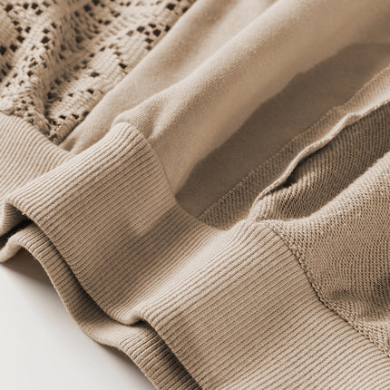 Parchment Knit Crochet Exposed Seam Ribbed Trim Sweatshirt