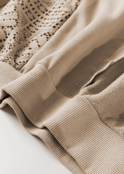 Parchment Knit Crochet Exposed Seam Ribbed Trim Sweatshirt