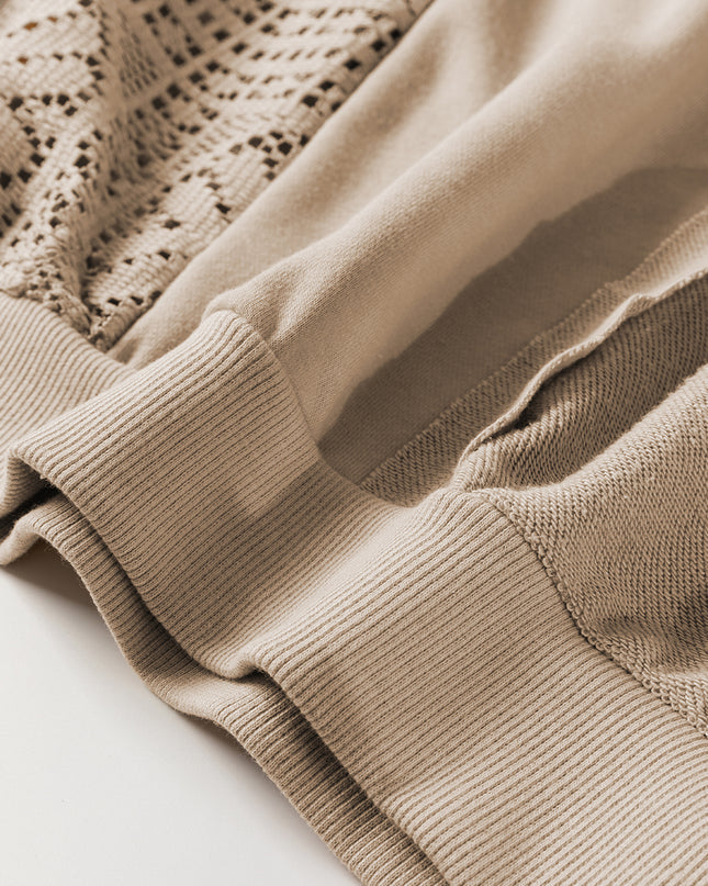 Parchment Knit Crochet Exposed Seam Ribbed Trim Sweatshirt