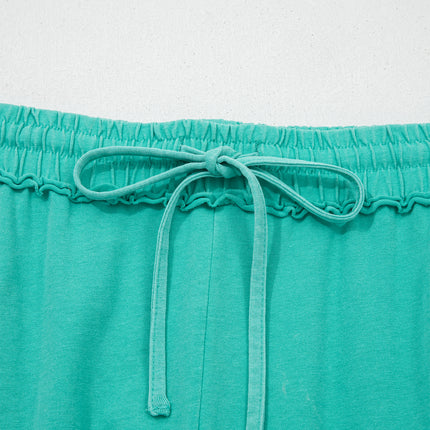 Sea Green Drawstring Elastic Waist Raw Hem Loose Pants