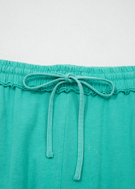 Sea Green Drawstring Elastic Waist Raw Hem Loose Pants