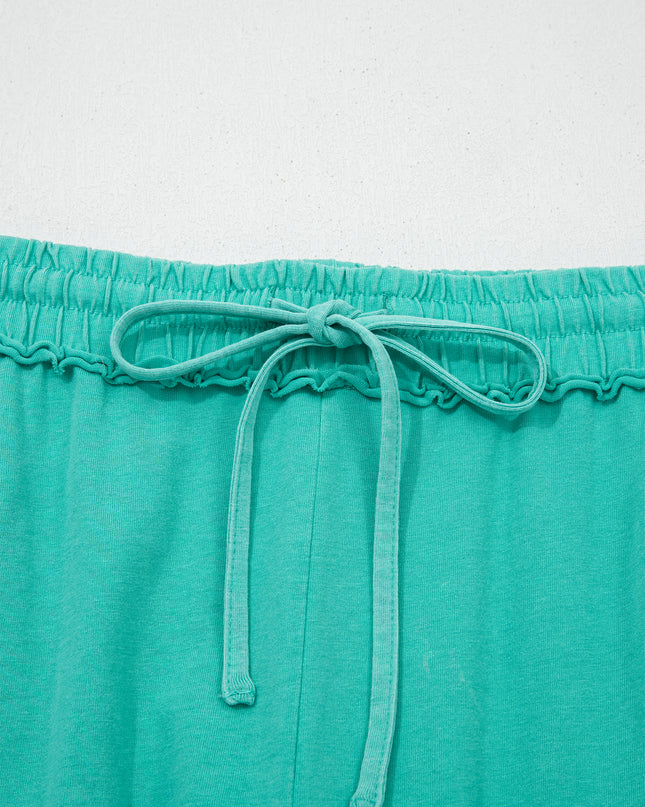 Sea Green Drawstring Elastic Waist Raw Hem Loose Pants
