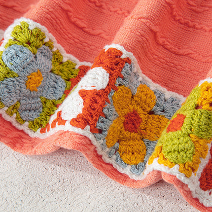 Grapefruit Orange Crochet Floral Accent V Neck Textured Pants Set