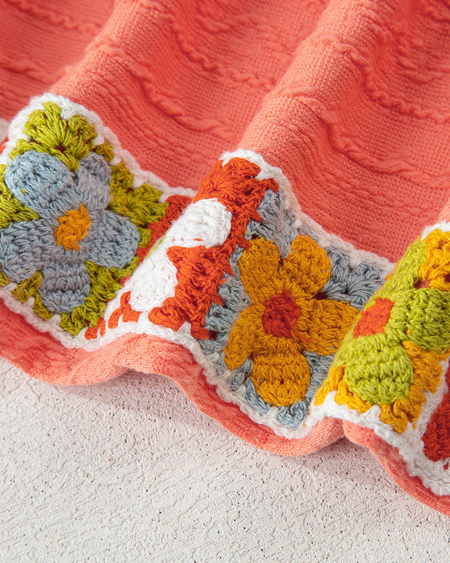Grapefruit Orange Crochet Floral Accent V Neck Textured Pants Set