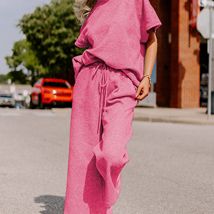 Black Textured Loose Fit T Shirt and Drawstring Pants Set