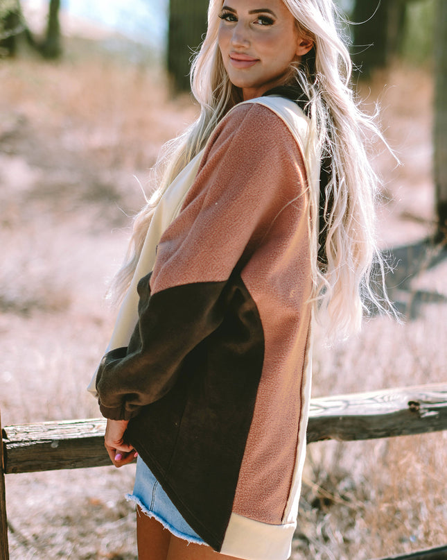 Beige Oversized Color Block Patchwork High Low Hoodie