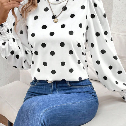 White Polka Dot Print Round Neck Frilled Long Sleeve Blouse