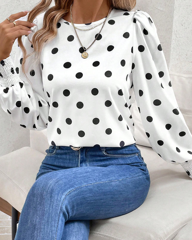 White Polka Dot Print Round Neck Frilled Long Sleeve Blouse
