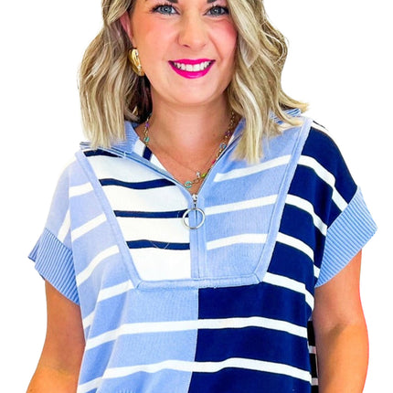 Black Stripe Colorblock Quarter Zip Collar Sweater Vest