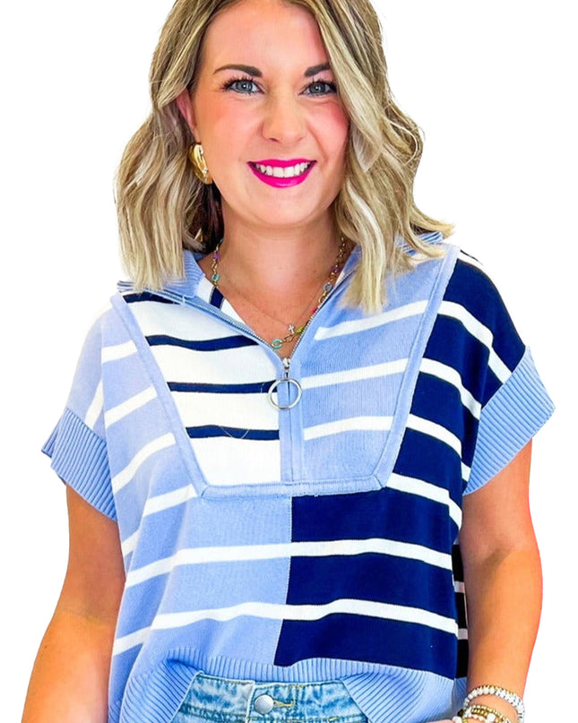 Black Stripe Colorblock Quarter Zip Collar Sweater Vest