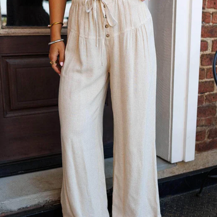 Jet Stream Drawstring Elastic Waist Button Pleated Detail Wide Leg