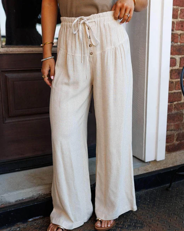 Jet Stream Drawstring Elastic Waist Button Pleated Detail Wide Leg