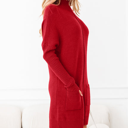 Chestnut Ribbed High Neck Front Pockets Center Seam Shift Sweater Dress