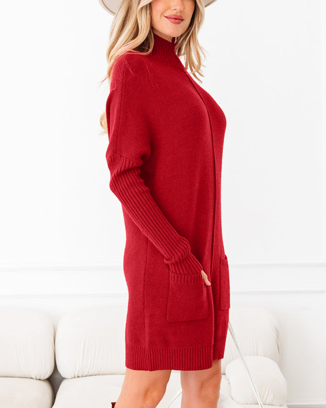 Chestnut Ribbed High Neck Front Pockets Center Seam Shift Sweater Dress