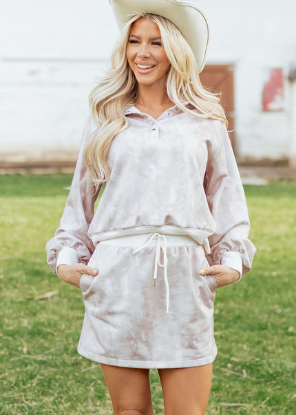 White Abstract Woodland Print Balloon Sleeve Pullover Drawstring Mini Skort Set