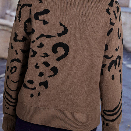 Beige Asymmetric Leopard Print Detail Drop Shoulder Sweater