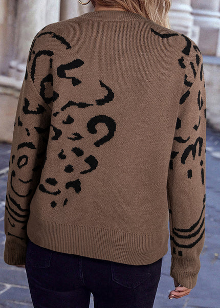 Beige Asymmetric Leopard Print Detail Drop Shoulder Sweater