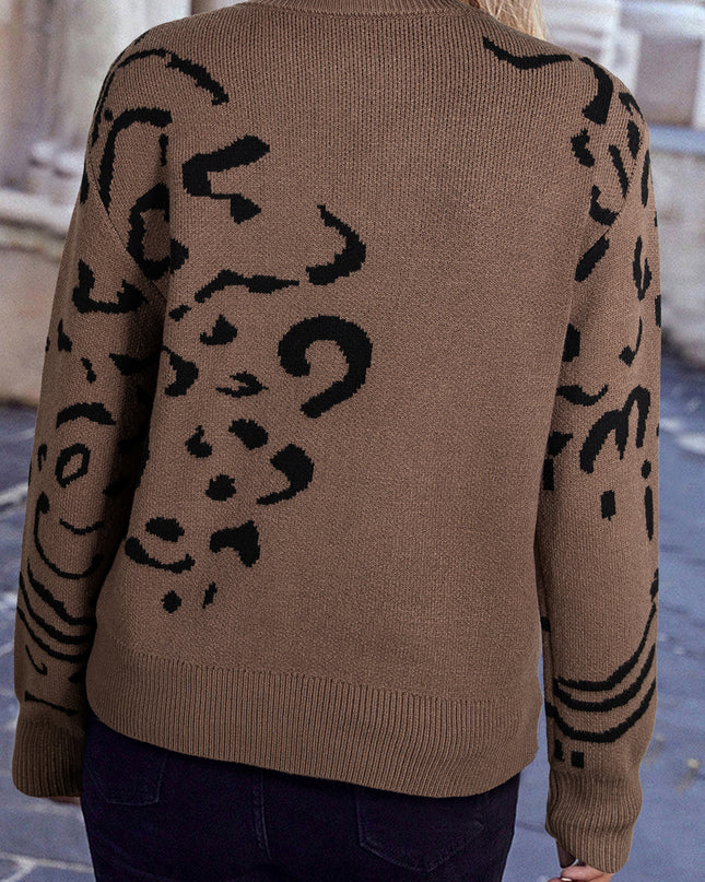 Beige Asymmetric Leopard Print Detail Drop Shoulder Sweater
