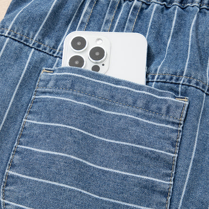 Sky Blue Stripe Button Pleated Drawstring Waist Casual Wide Leg Jeans