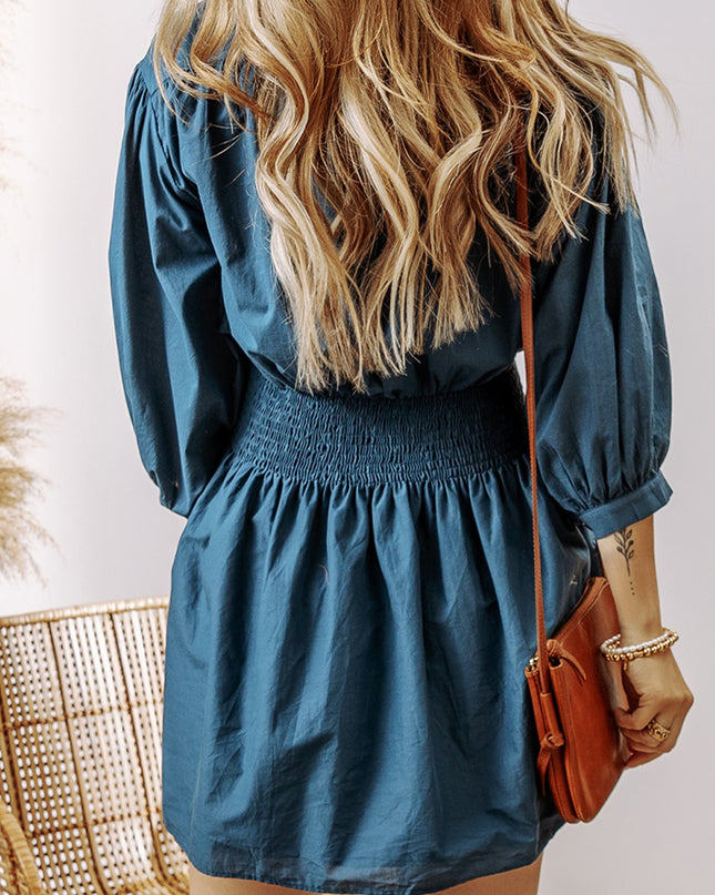 Prussian Blue 3/4 Sleeve Shirred High Waist Buttoned Mini Dress