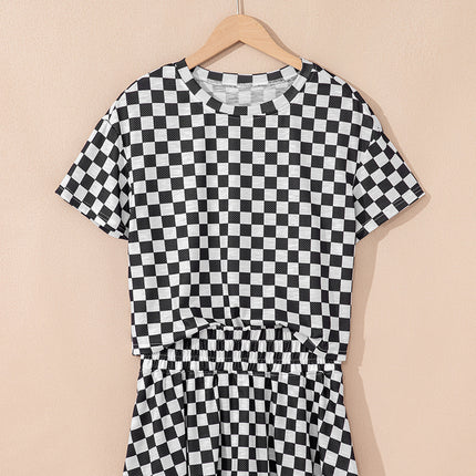 Black Checkerboard T Shirt and High Waist Skorts 2 Piece Outfit set