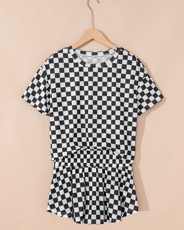 Black Checkerboard T Shirt and High Waist Skorts 2 Piece Outfit set