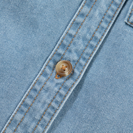 Myosotis Ruffle Detail Short Puff Sleeve Button Down Flap Pocket Denim Shirt