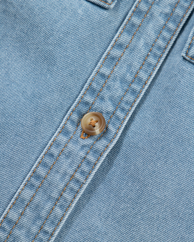 Myosotis Ruffle Detail Short Puff Sleeve Button Down Flap Pocket Denim Shirt