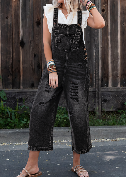 Stone Blue Distressed Bib Pocket Wide Leg Denim Overall
